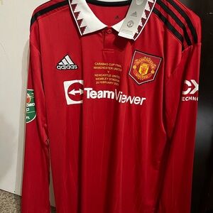 adidas Red Manchester United Long-Sleeve Soccer Jersey with Black Accents